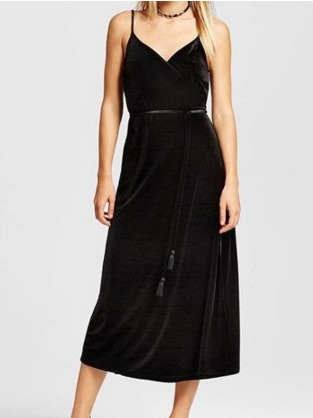 Who What Wear Black Velvet Slip Midi Dress with Tassel Tie Size Small